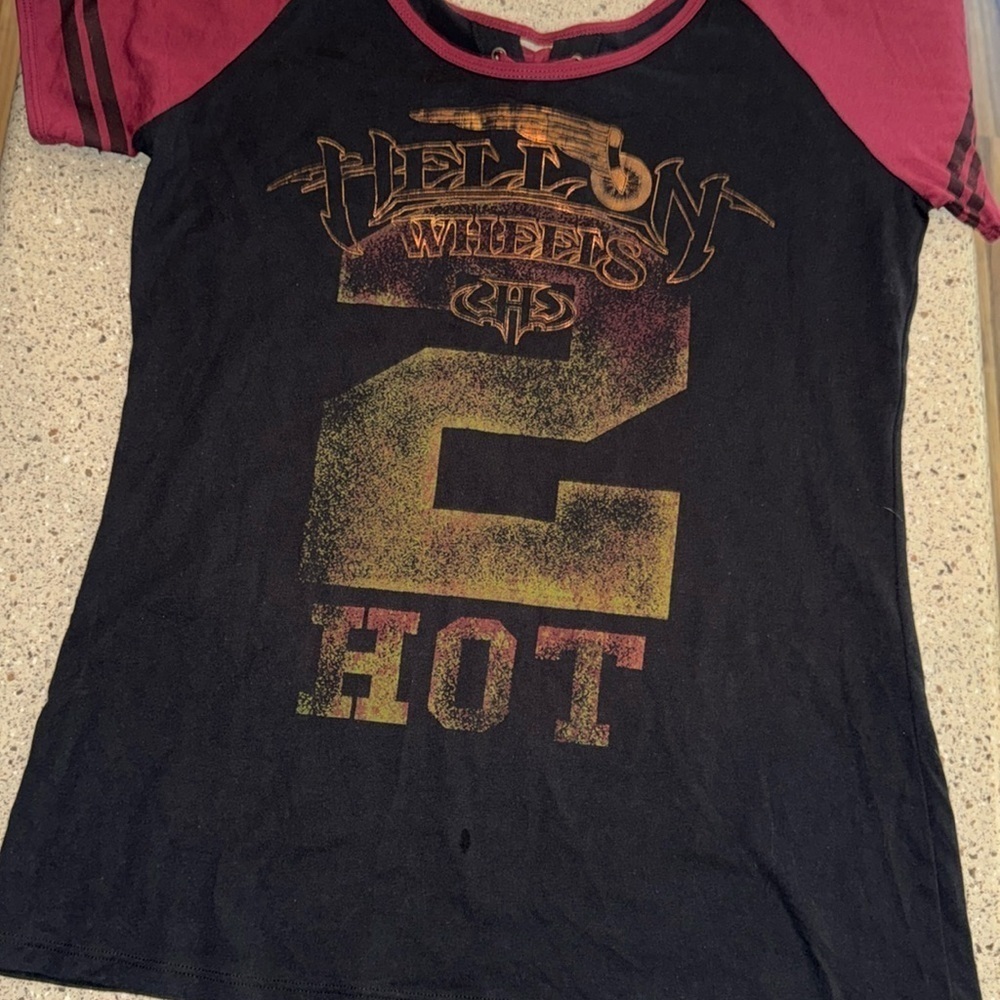 Biker lady rider T "hell on wheels 2 Hot" metallic foil  back tie detail top